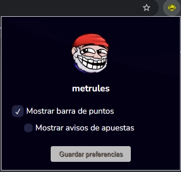 Panel de preferencias de la extensión